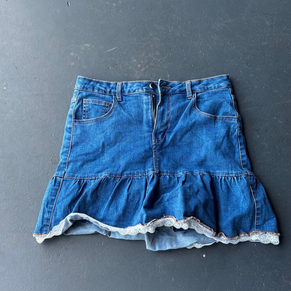 Love Trends Y2K Denim Ruffle Skort Heart Back Pockets Blue Mini Skirt Size 9